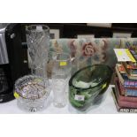 Green glass bowl, rose bowl, 2 vases and