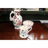 Three pieces of Emma Bridgewater pottery, bowl, mug and jug,