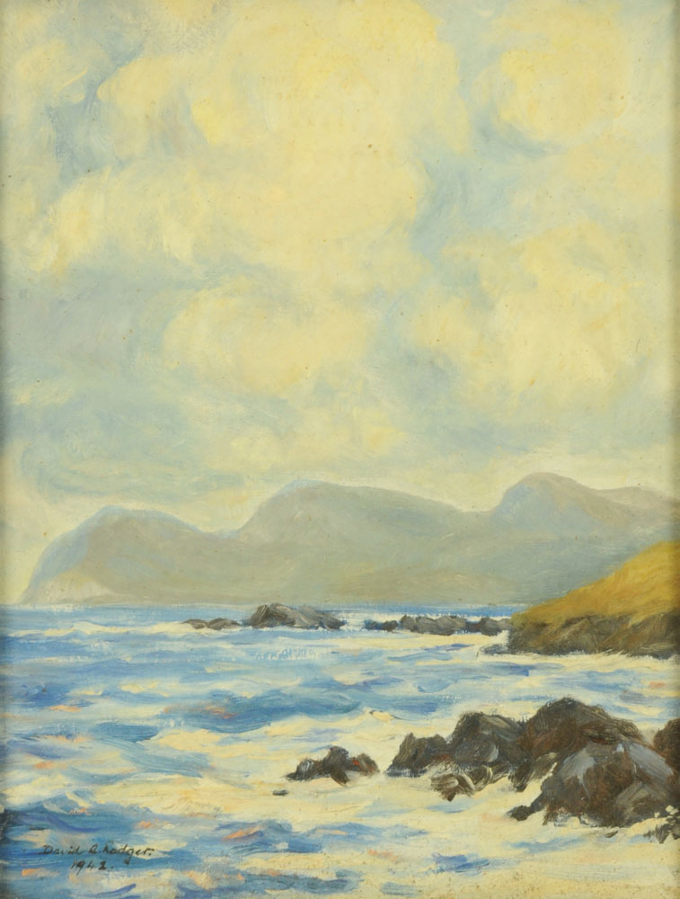 David R Rodger, oil painting on board of a coastal scene, 35 cm x 27 cm, signed and dated 1942.