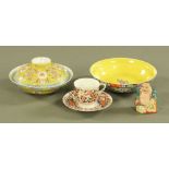 A Chinese millefiori dish, a bowl and cover, an Imari cup and saucer,