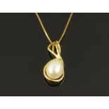 A 9 ct gold simulated pearl pendant and chain.