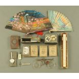 A quantity of collectibles, including slide rule, balance scales, penknife, spring balance,
