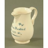 An 18th century creamware sparrow beak jug, documentary to Andrew Powsland 1783. Height 14.5 cm.