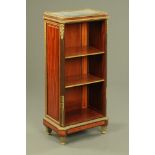 A Continental marble topped open shelf unit, with brass fittings,