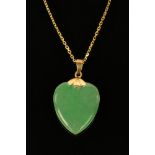 A 9 ct gold mounted green jade heart shaped pendant,