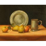 James Scrase, an oil painting on board, still life of fruit pewter plate and tankard.