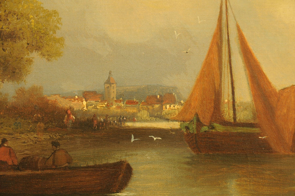 Theodore Baron (1840-1899 Belgian), oil on canvas, Dutch coastal scene with figures, vessels, - Image 5 of 6