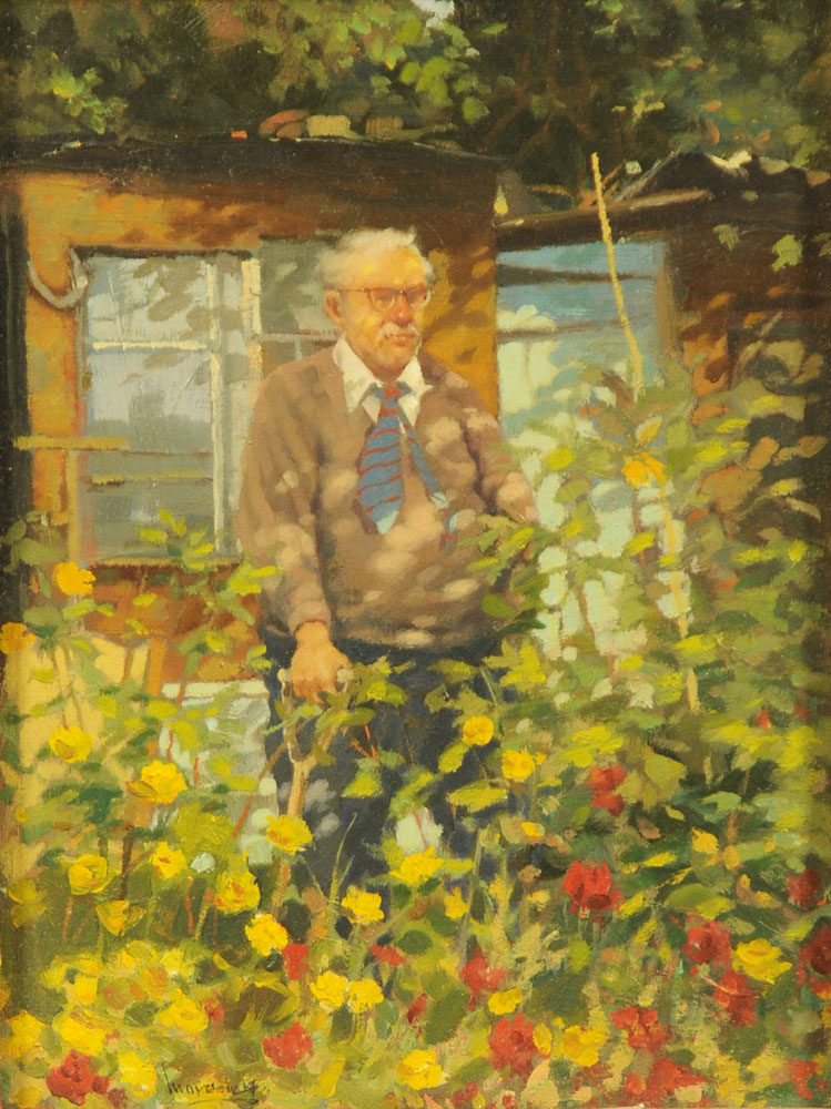 Ken Moroney oil on board "In the Garden" No. 1, 19 cm x 14 cm, framed, signed.