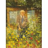 Ken Moroney oil on board "In the Garden" No. 1, 19 cm x 14 cm, framed, signed.
