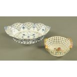 A Royal Copenhagen oval blue and white printed pierced bowl, length 30 cm,