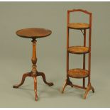 A mahogany and burr walnut folding three tier cake stand, together with a mahogany wine table,