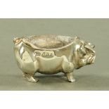 An Edwardian silver pig pin cushion, Birmingham 1902, maker Levi & Salaman. Length 55 mm.