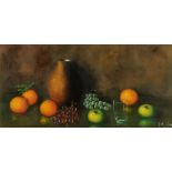 T Harrison, oil on canvas still life glass, vase and fruit. 40 cm x 81 cm, framed, signed.