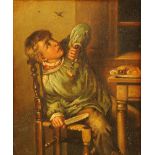 P Klein, oil painting of a young boy fending off a wasp. 19 cm x 15.5 cm, framed, signed.