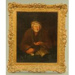 An early 19th century oil painting on canvas, of a bearded male figure counting money.