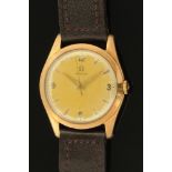 A vintage 9 ct gold cased gentleman's Omega wristwatch, with part Arabic numerals and baton markers,