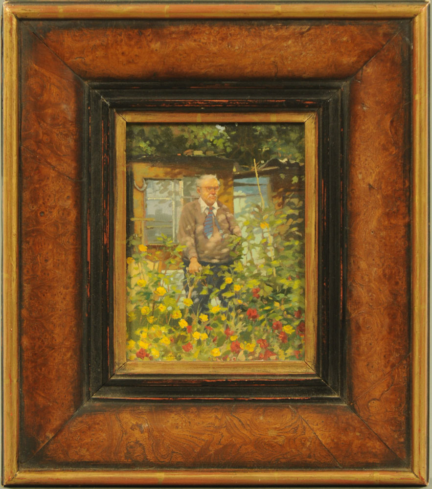 Ken Moroney oil on board "In the Garden" No. 1, 19 cm x 14 cm, framed, signed. - Image 2 of 2