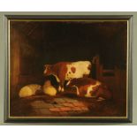 An oil painting on canvas cattle and sheep in barn, 49 cm x 60 cm, framed.