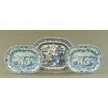 Three 19th century blue and white ashettes, one willow pattern and two chinoiserie pattern.