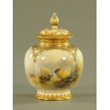 A Royal Worcester lidded pot pourri, painted with sheep in landscape by Barker,