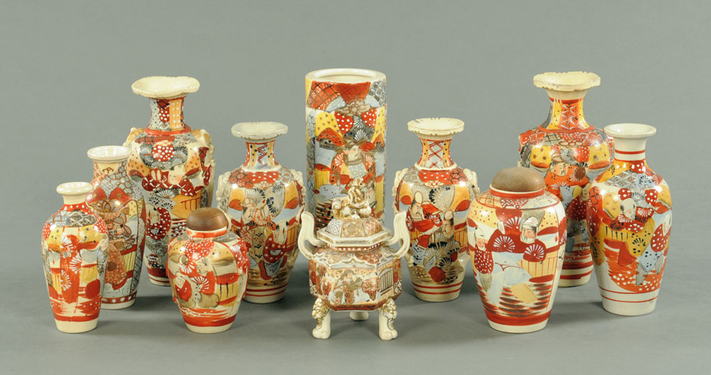 Eleven pieces of Satsuma ware, comprising a pair of vases, spill vase, Koro and seven further vases.