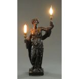 A Victorian composition figure of a Grecian lady holding lamps. Height excluding bulbs 75 cm.