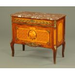 A Continental marquetry chest of drawers, with marble top above three drawers,