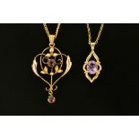 An Art Nouveau gold coloured and amethyst set pendant,