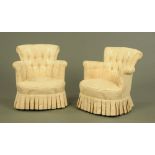 A pair of low deep buttoned bedroom chairs, of tub form,