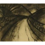 Percy Kelly (1918-1993), a charcoal of a rural lane with mountains, dry stone wall and tree, 12.