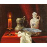 Rouge, an oil painting on canvas, still life pewter flagon candle and Delft flagon, 49 cm x 59 cm,