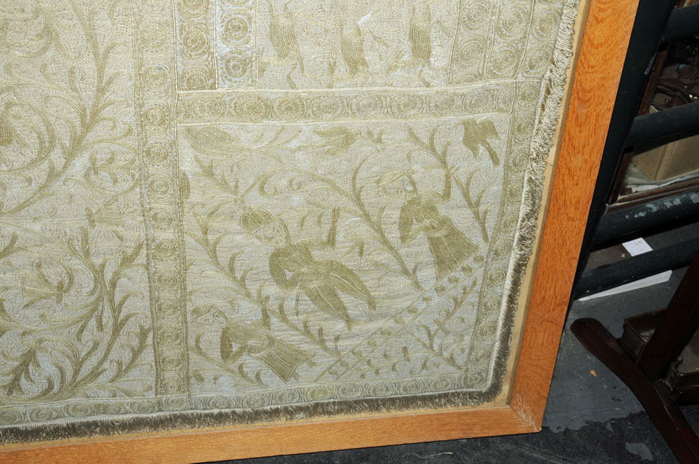 WITHDRAWN - A cream and gilt thread embroidered and fringed bedspread, with figures, - Image 13 of 19