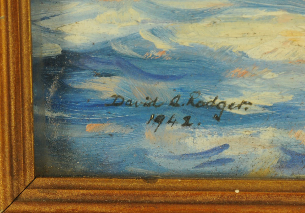 David R Rodger, oil painting on board of a coastal scene, 35 cm x 27 cm, signed and dated 1942. - Image 3 of 3