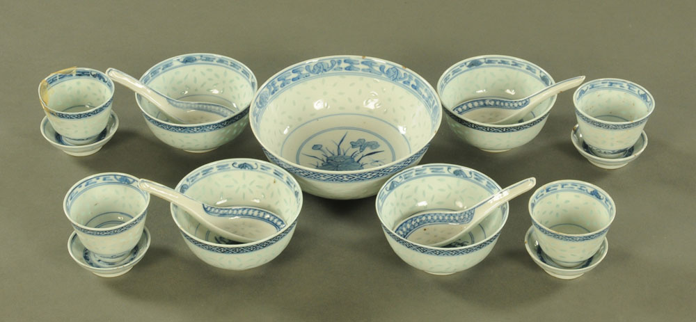 A Chinese porcelain "Rice" soup and tea service, comprising large bowl, four bowls, four tea bowls,
