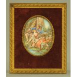 After Boucher an oval miniature, a courting couple by fountain, 9 cm x 7 cm,