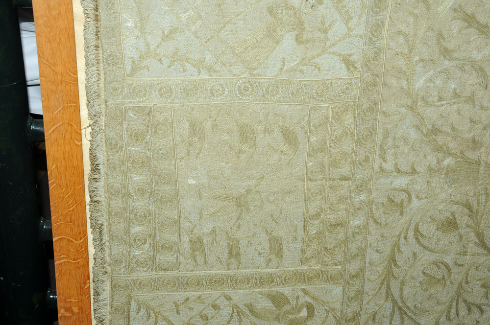 WITHDRAWN - A cream and gilt thread embroidered and fringed bedspread, with figures, - Image 8 of 19