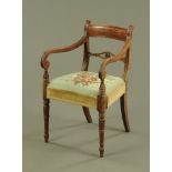 A Regency mahogany carver armchair, with bowed top rail,