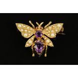 A 9 ct gold seed pearl and amethyst insect brooch, width 27 mm, 3.6 grams gross.