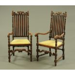 A pair of early 20th century Carolean style oak high back armchairs,