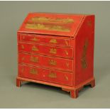 A chinoiserie lacquered and painted bureau, fitted with four drawers and raised on bracket feet.