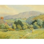 S J M Brown, a watercolour, landscape with cottage scene and figure.