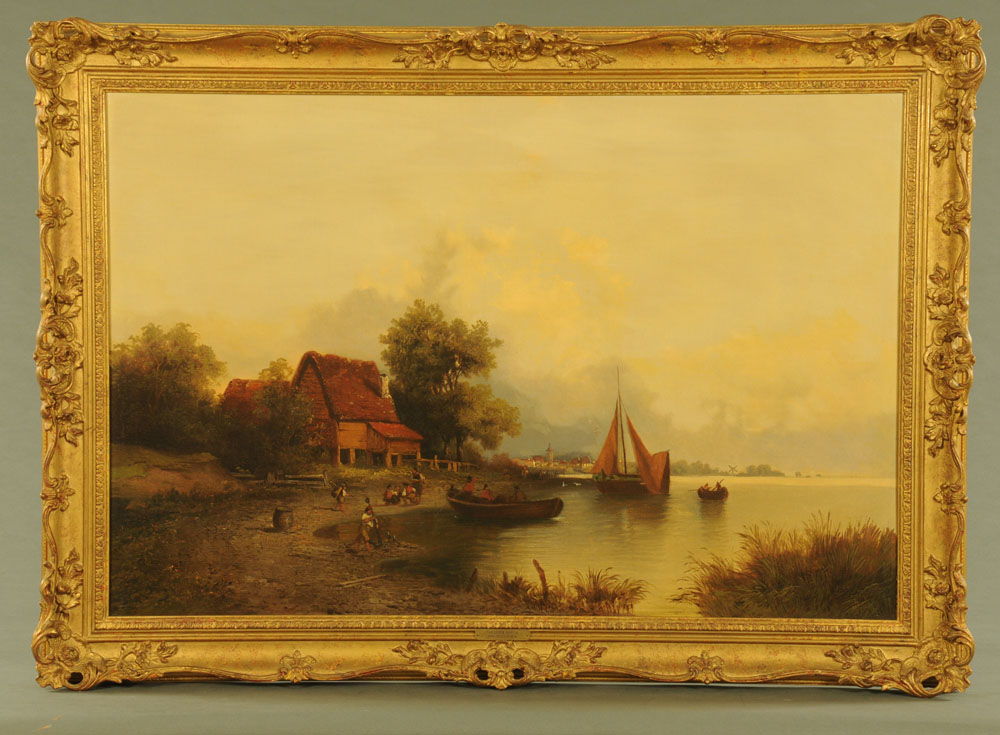 Theodore Baron (1840-1899 Belgian), oil on canvas, Dutch coastal scene with figures, vessels, - Image 2 of 6