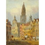 E Nevil, watercolour Antwerp, 37 cm x 27 cm, framed, signed.