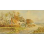 F Ramus, a watercolour thatched cottage and country lane with figures.