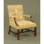 A Gainsborough style open armchair, with foliate patterned upholstery,