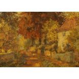 A 19th century Impressionist oil painting on canvas, female figure on rural path with cottage,