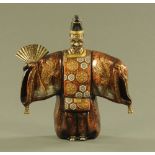A Japanese bronze Noh theatre figure, with mask and fan. Height 33 cm, width 29 cm.