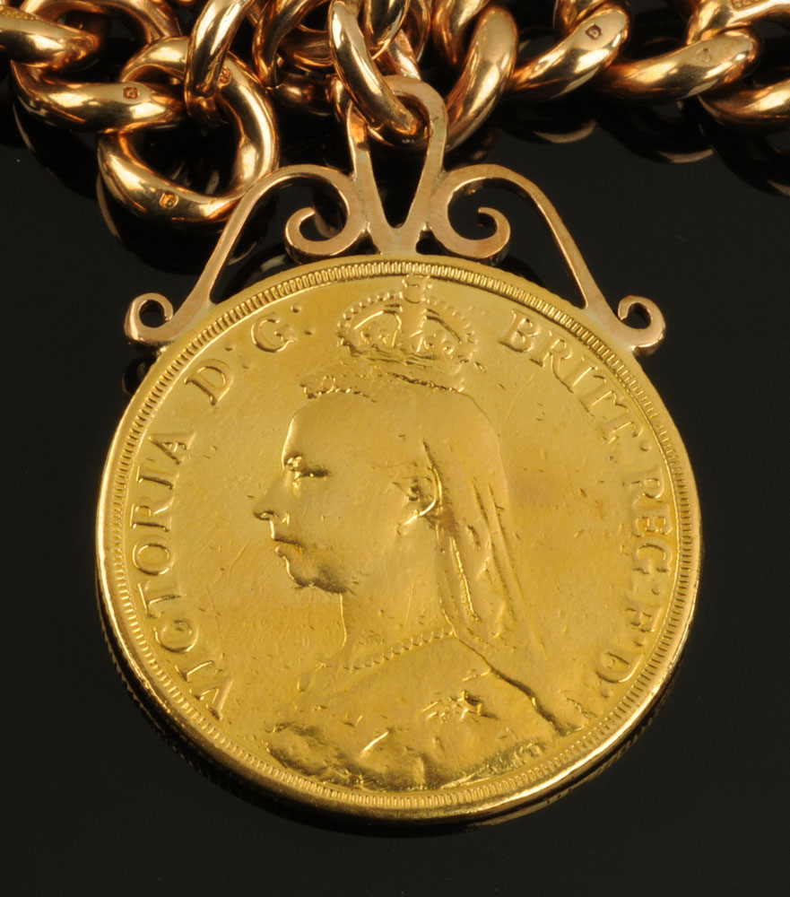 A 9 ct gold double Albert chain with swivel and 1887 gold £2 coin, - Image 2 of 3