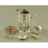 A silver plated wine funnel with strainer, together with an ice jug, tastevin, pair of knife rests,
