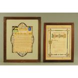 Two framed address notices, both to Reverend James Gaussen, hand inked and painted.